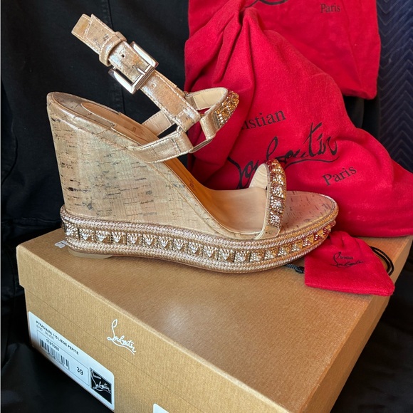 Christian Louboutin Shoes - Christian Louboutin Metallic Gold Cork Wedge Sandals with Crystal Trim
